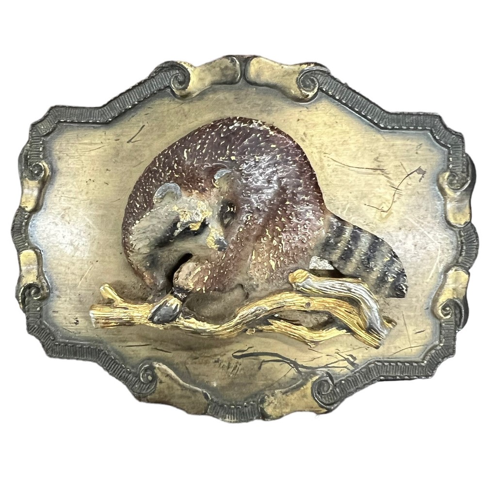 Raccoon Vintage 1977 Raintree Men&rsquo;s Brass Belt Buckle 3D Enamel 3.75&Prime; Retro 70&rsquo;s