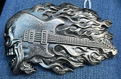 Skull Guitar Flame Belt Buckle 4 3/8&Prime; x 2 3/4&Prime; Heavy Metal Rock N Roll