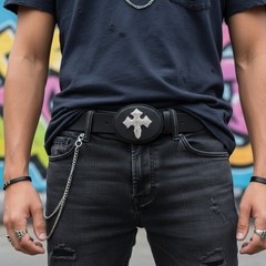 Belt Buckle Men Women Black Fabric Silver Metal Western Cowboy 3D Rodeo Cross