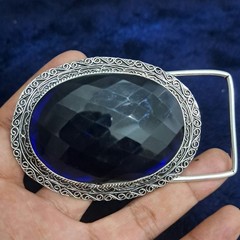 Blue Faceted Glass Gemstone Belt Buckle Handmade Vintage Style Silver Tone
