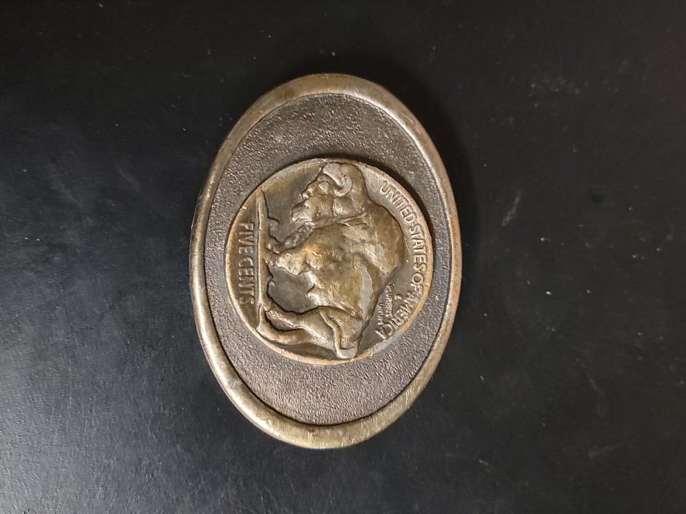 Five Cents Buffalo Nickel Coin Style Vintage Belt Buckle USA Western Cowboy Rare