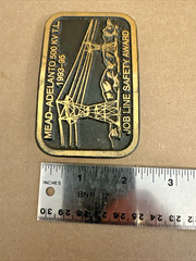 Vtg Solid Brass Belt Buckle Mead-Adelanto 500 KV T.L. Job Line Construction Dyna