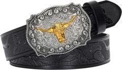 Western Cowboy-Belts for Men Big-Buckle Longhorn-Bull Pu-Leather Rodeo Cowgirl-B