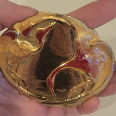 Charmant Belts, Inc. Gold Tone Red Enamel Abstract Metal Belt Buckle 1.5 in