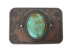 Copper Turquoise Western Belt Buckle Engraved Bronze Flower Cowboy Style