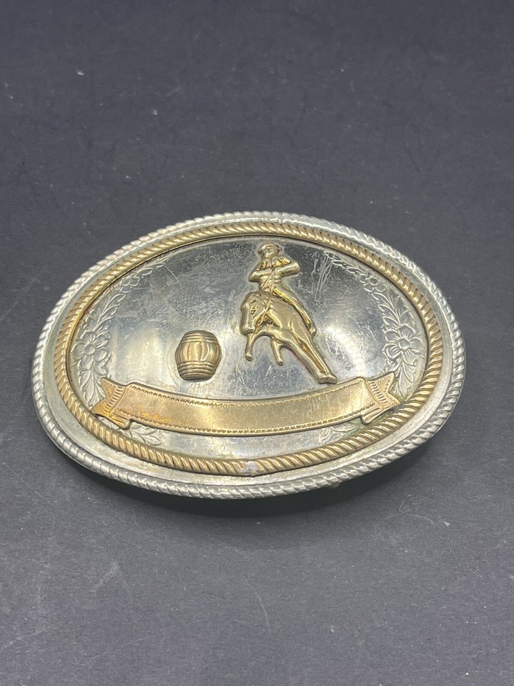 Vintage Metal Belt Buckle, Nickle Silver, Barrel Racing, Horse, Rodeo – Shines