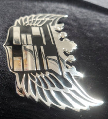 Vintage 1990&rsquo;s American Crown & Wings Cadillac Belt Buckle Chrome & Black Enamel