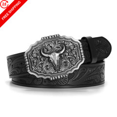 LALATCH Cowboy Belts for Men XS 28&Prime;-32&Prime; Waist, Silver Bull Buckle/ Black
