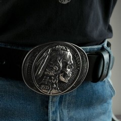 German silver buckle Indian chief skull, Liberty 1935 coin, Chief, Indian head