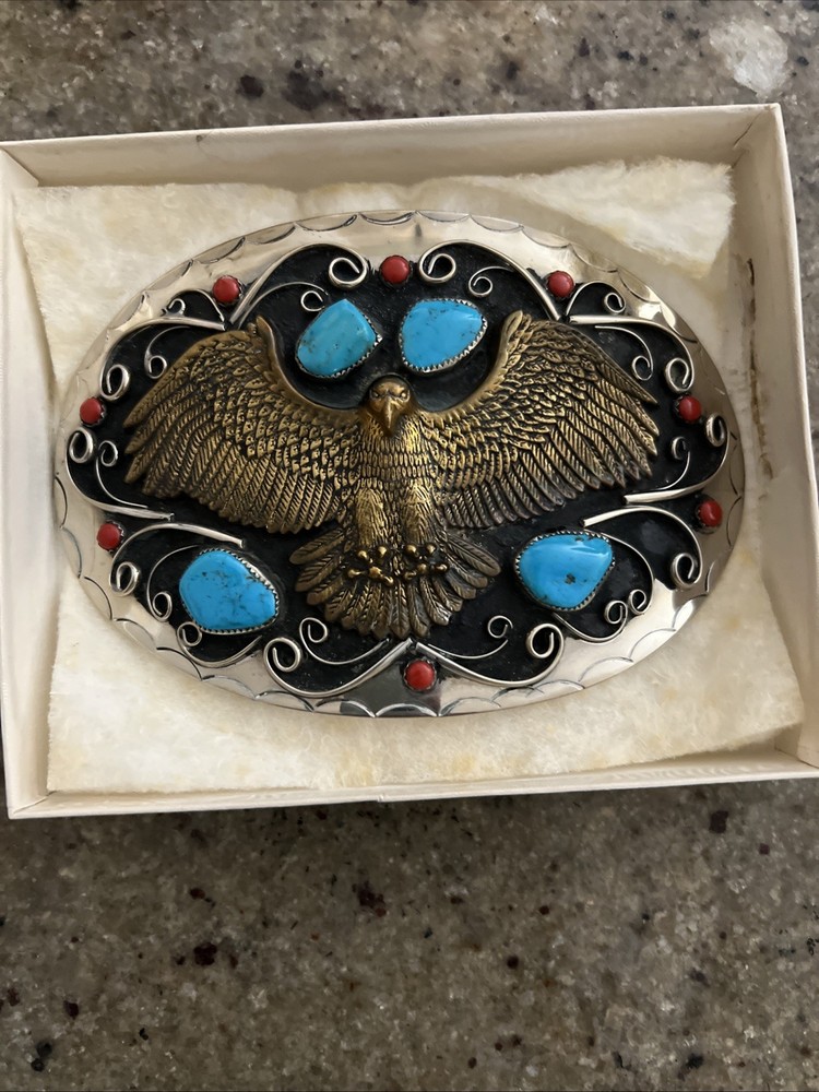 Solid Silver / Bronze Embellished Thunderbird Belt Buckle with Turquoise & Coral