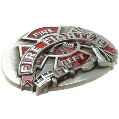 Fire Department Men&rsquo;s Cowboy Belt Buckle • Fireman • Fire Fighter • Red Enameled