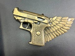 Winged Gun Flying Pistol Handgun Figural Cutout Brass Tone Large Belt Buckle
