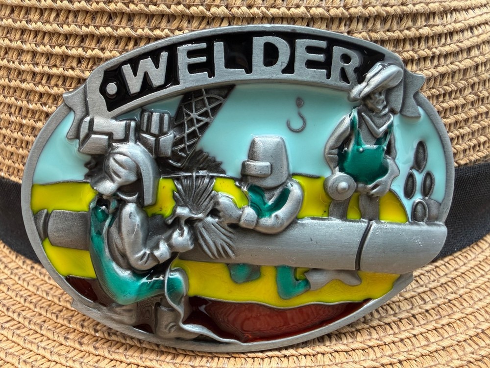 Antiqued Silver Enameled Welder Oval Belt Buckle