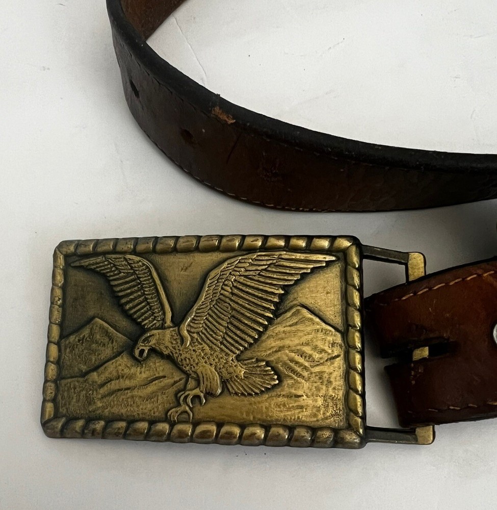 Vintage Flying Eagle Buckle and Leather Belt Solid Brass Brown length 43&Prime; Mens