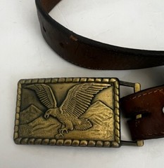 Vintage Flying Eagle Buckle and Leather Belt Solid Brass Brown length 43&Prime; Mens