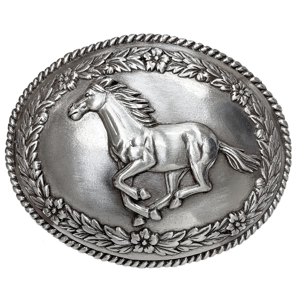Western Belt Buckle Antique Silver Horse Engraved Rope Edge Cowboy Rodeo Wear