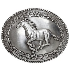 Western Belt Buckle Antique Silver Horse Engraved Rope Edge Cowboy Rodeo Wear