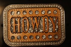 Blazin Roxx Rectangle Belt Buckle Howdy Crystals & Leather Silver 37934