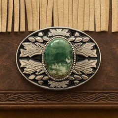 Green Stone Western Belt Buckle Silver Tone Gemstone Cowboy Snap On Belt Set