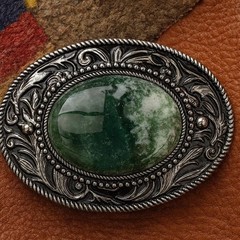 Green Stone Belt Buckle Engraved Silver Western Design Cowboy Rodeo Vintage
