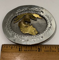 Framed Fish Handmade Stamped & Riveted Belt Buckle with Makers Mark on Back EUC