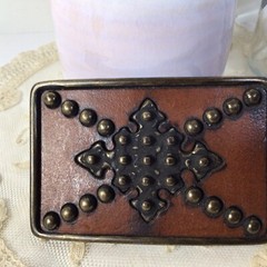 Brass Leather & Studs Belt Buckle~Brown/ Gold Handcrafted ~UNIQUE ~FREE SHIPPING