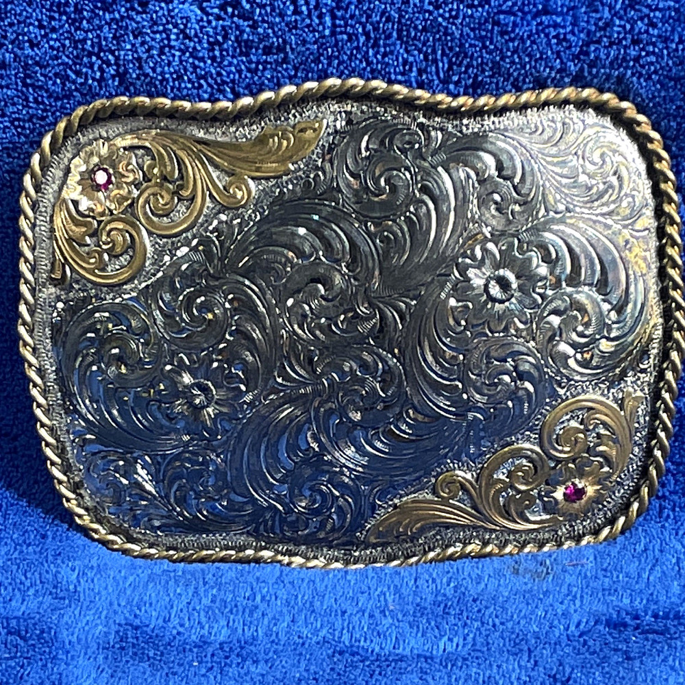 Vintage Montana Silversmiths Sterling Silver Plate Belt Buckle W/Rubies & Gold