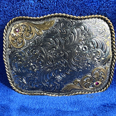 Vintage Montana Silversmiths Sterling Silver Plate Belt Buckle W/Rubies & Gold