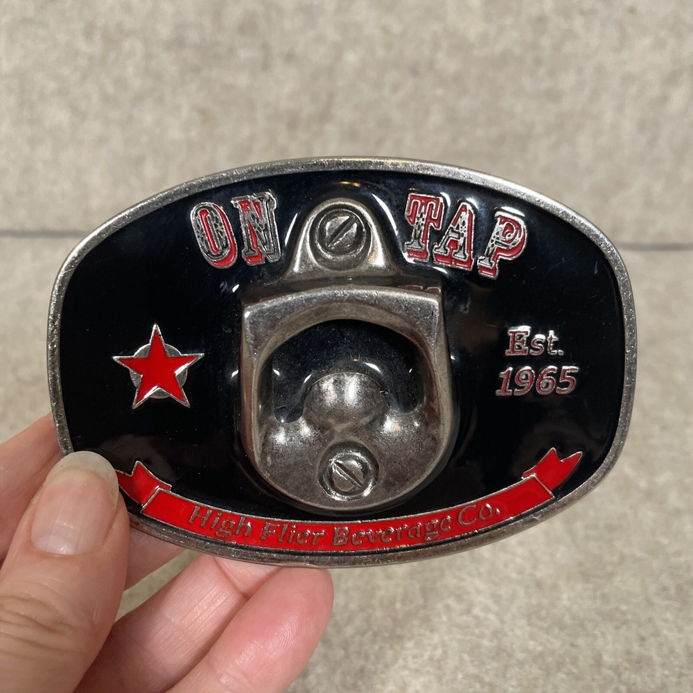 On Tap Belt Buckle Bottle Opener High Flier Beverage Black Red Silver