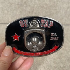 On Tap Belt Buckle Bottle Opener High Flier Beverage Black Red Silver
