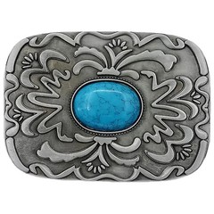 Men Antique Silver Metal Ethnic Belt Buckle Turquoise Blue Bead Filigree Unisex