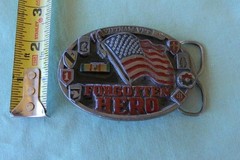 1987 VIETNAM VET AMERICAN FLAG FORGOTTEN HERO ENAMEL PEWTER BELT BUCKLE VTG