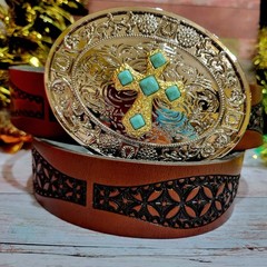 Cross Western belt Buckle Silver Oval Religious Gift Item With Blue Accents