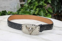 Silver Toned Metal Bull Steer Cow Head Face Belt Buckle & Leather Belt