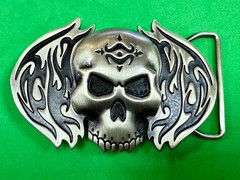 Skull with Flames Cutout Silver & Black Color Silver Moon Creations Belt Buckle