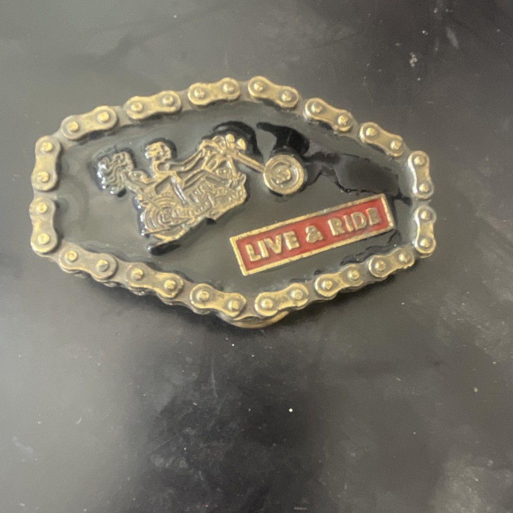 Motorcycle Biker Belt Buckle Chain Edge Antique Finish Black Gold Red 2in