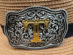 Antiqued Silver Gold Initial T Rectangle Western Cowboy Floral Vine Belt Buckle