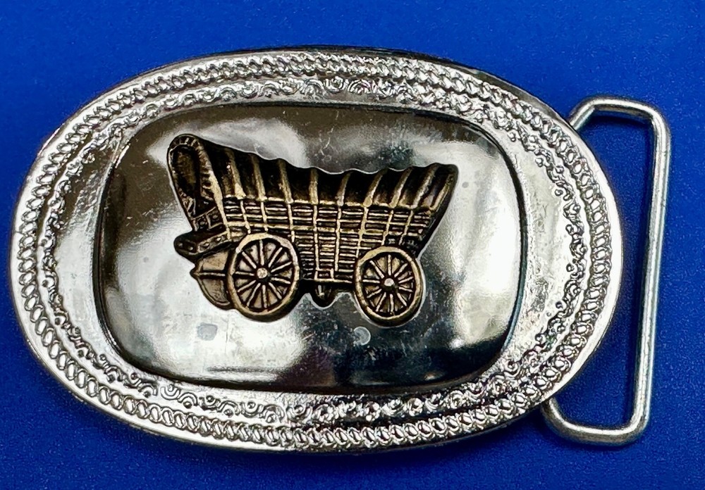 Vintage Covered Wagon On Reflective Oval Two Tone Western Belt Buckle