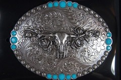 Blazin Roxx Western Oval Longhorn Roses Buckle Silver belt buckle 37959