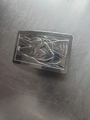 JUSTIN BELT CO. FORT WORTH TEXAS Vintage Skiing Silver Tone Belt Buckle