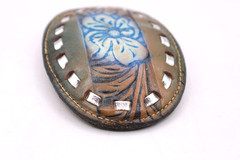 Western Tooled Leather Belt Buckle Brown Blue Ombre Floral Silver Ribbon Vintage
