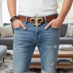 NEW Men Gold Metal Belt Buckle Fashion Bling Big Fleur De Lis Biker Accesssory