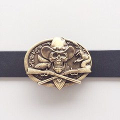 Vintage Bronze Plated Skull Rifles Cowboy Metal Oval Belt Buckle