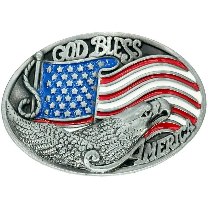 God Bless America USA Flag Patriotic Belt Buckle with Bald Eagle All Metal