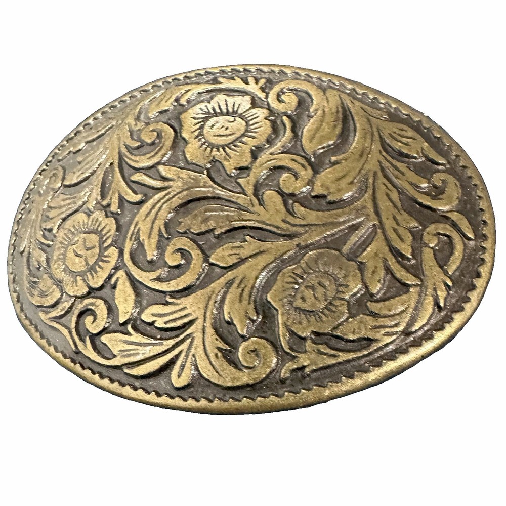 Antique Bronze Tone Western Belt Buckle Floral Filigree Oval Cowboy Buckle.