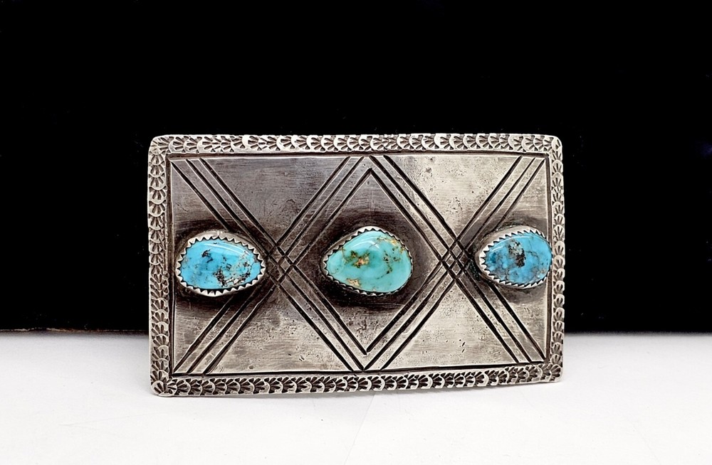 NATIVE AMERICAN NAVAJO KEE JOE BENALLY CARVED STAMPED SILVER BELT BUCKLE