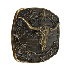American Flag Longhorn Steer Star Belt Buckle Antique Bronze Fits 1.5 inch Belts