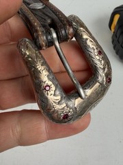 Vintage Handmade .925 Sterling Silver 10k Gold Ruby Set Belt Buckle Set 1940s
