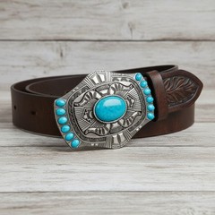 Men Dark Silver Metal Buckle Rodeo Western Turquoise Blue Beads Floral Filigree