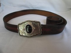 Black Agate Cabochon Stone Buckle & Belt Silver Tone W/ Scroll Accents Size 42